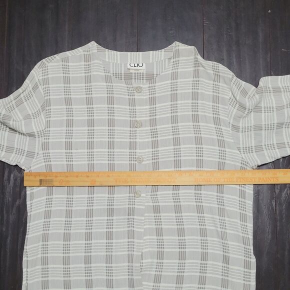 Vtg Clio Blouse Womens M Gray White Plaid Flowy Boho 4 Button Tunic 90s … - Picture 9 of 16
